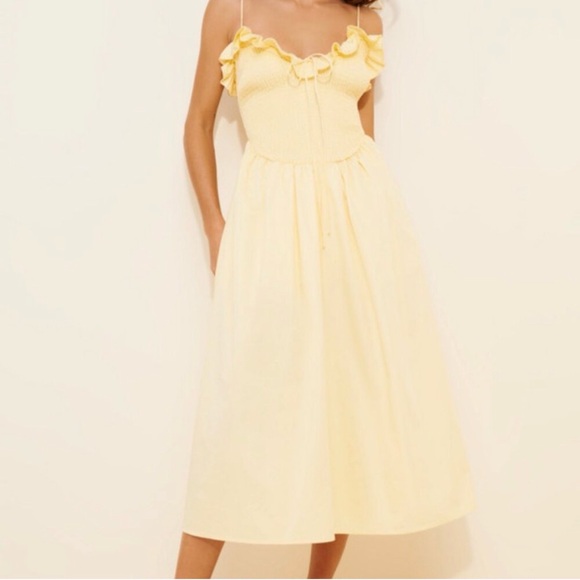 For Love And Lemons Dresses & Skirts - For Love & Lemons Pale Yellow Ruffle-Trim Midi Dress